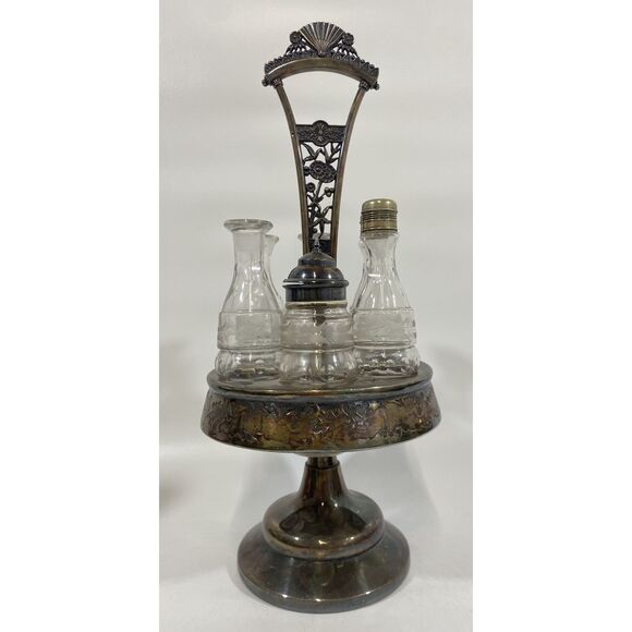 Antique Victorian Simpson Hall Miller Quadruple Plate Spinning Condiment Set 18”